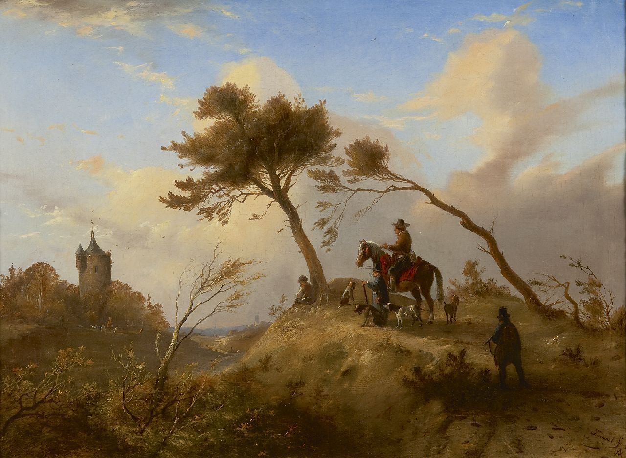 Tavenraat J.  | Johannes Tavenraat, Jachtgezelschap in heuvellandschap, olieverf op doek 42,5 x 57,5 cm, gesigneerd rechtsonder en gedateerd 1845