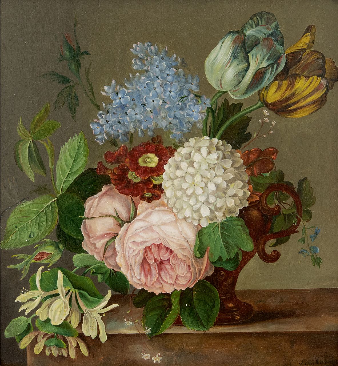 Hulstijn C.J. van | Cornelis Johannes 'Johan' van Hulstijn | Schilderijen te koop aangeboden | Bloemstilleven met rozen, tulpen, primula's en andere bloemen, olieverf op paneel 29,3 x 26,9 cm, gesigneerd rechtsonder