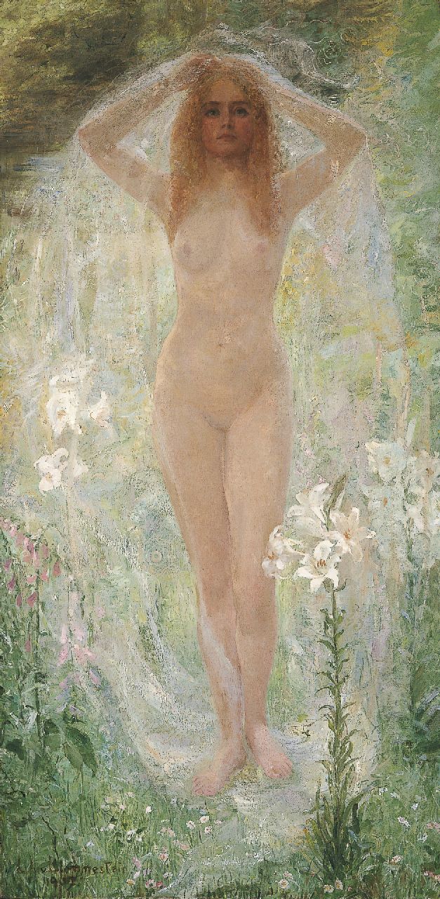 Blommestein L.A.A. van | Louise Alice Andrine van Blommestein, Staand naakt met witte lelies, olieverf op doek 160,7 x 80,3 cm, gesigneerd linksonder en gedateerd 1907