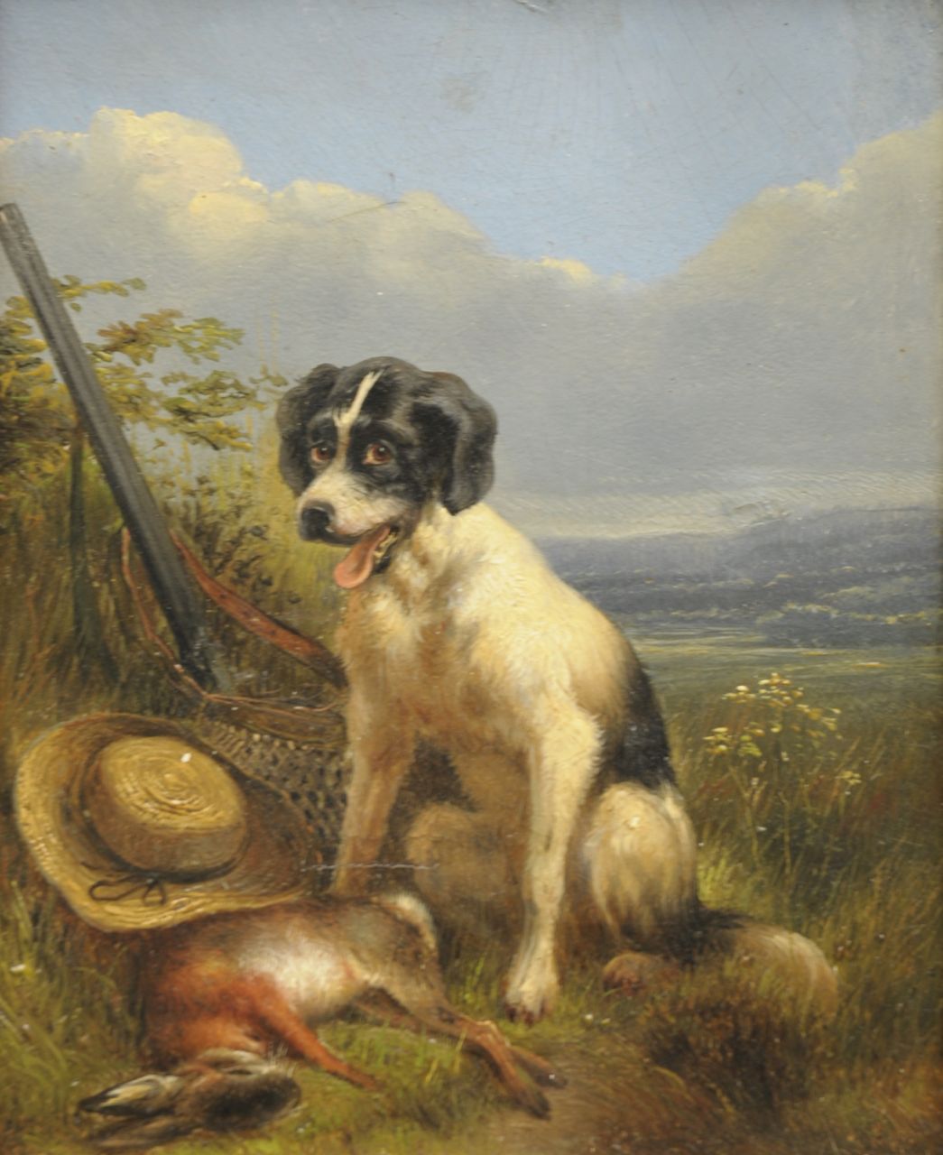Augustus 'August'/Henriëtte Knip/Ronner-Knip | Jachthond met buit, olieverf op doek, 20,5 x 16,5 cm