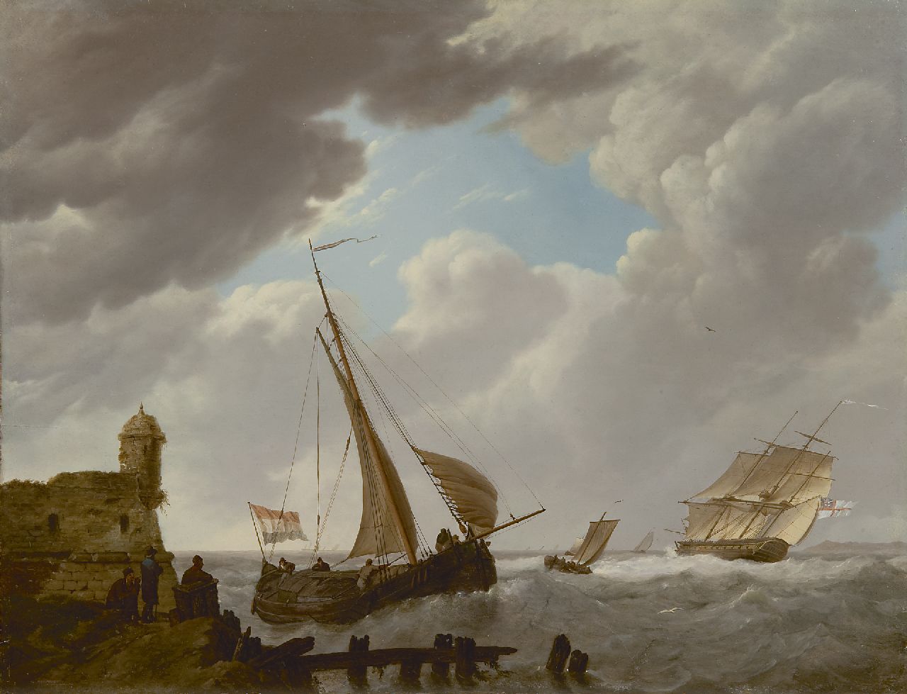 Koekkoek J.H.  | Johannes Hermanus Koekkoek, Tjalk en Engels oorlogsschip in de Zeeuwse wateren, olieverf op paneel 36,0 x 47,0 cm, gesigneerd middenonder