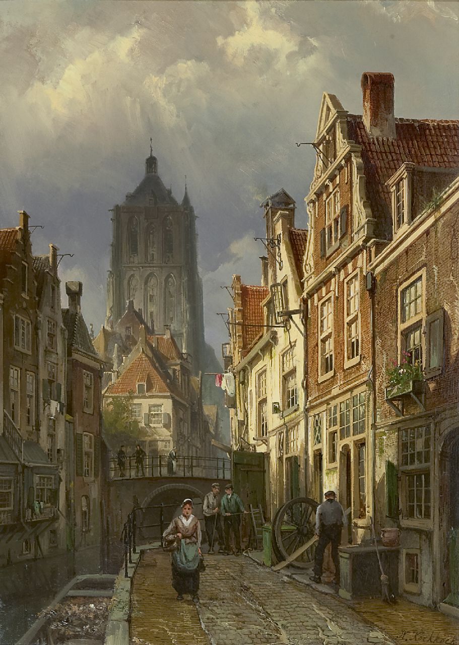 Koekkoek W.  | Willem Koekkoek, Hollands stadsgezicht met de toren van de Brielse St. Catharinakerk, olieverf op doek 60,0 x 43,8 cm, gesigneerd rechtsonder
