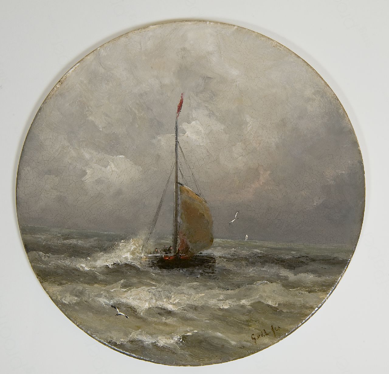 Laan G. van der | Gerard van der Laan, Bomschuit op zee, olieverf op porselein 28,3 x 28,3 cm, gesigneerd met initialen rechtsonder