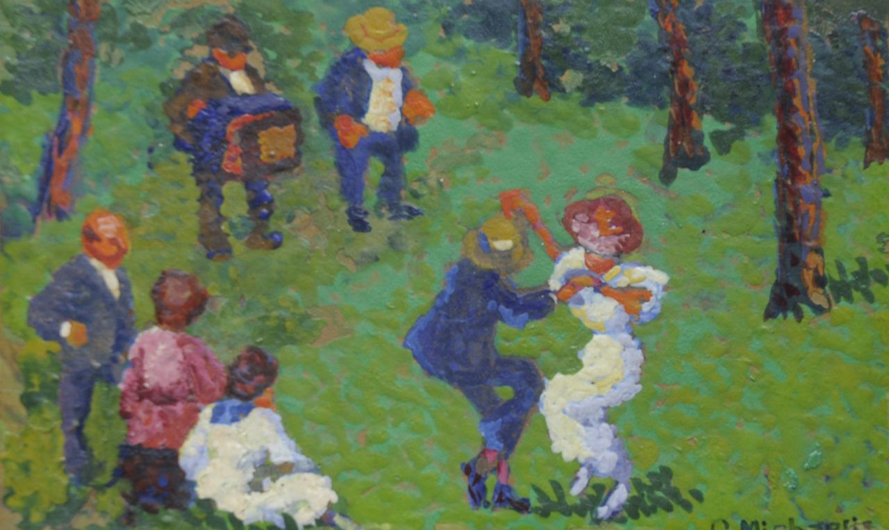 Michaelis O.  | Oskar Michaelis, Dansen in het bos, gouache op karton 8,3 x 13,9 cm, gesigneerd rechtsonder
