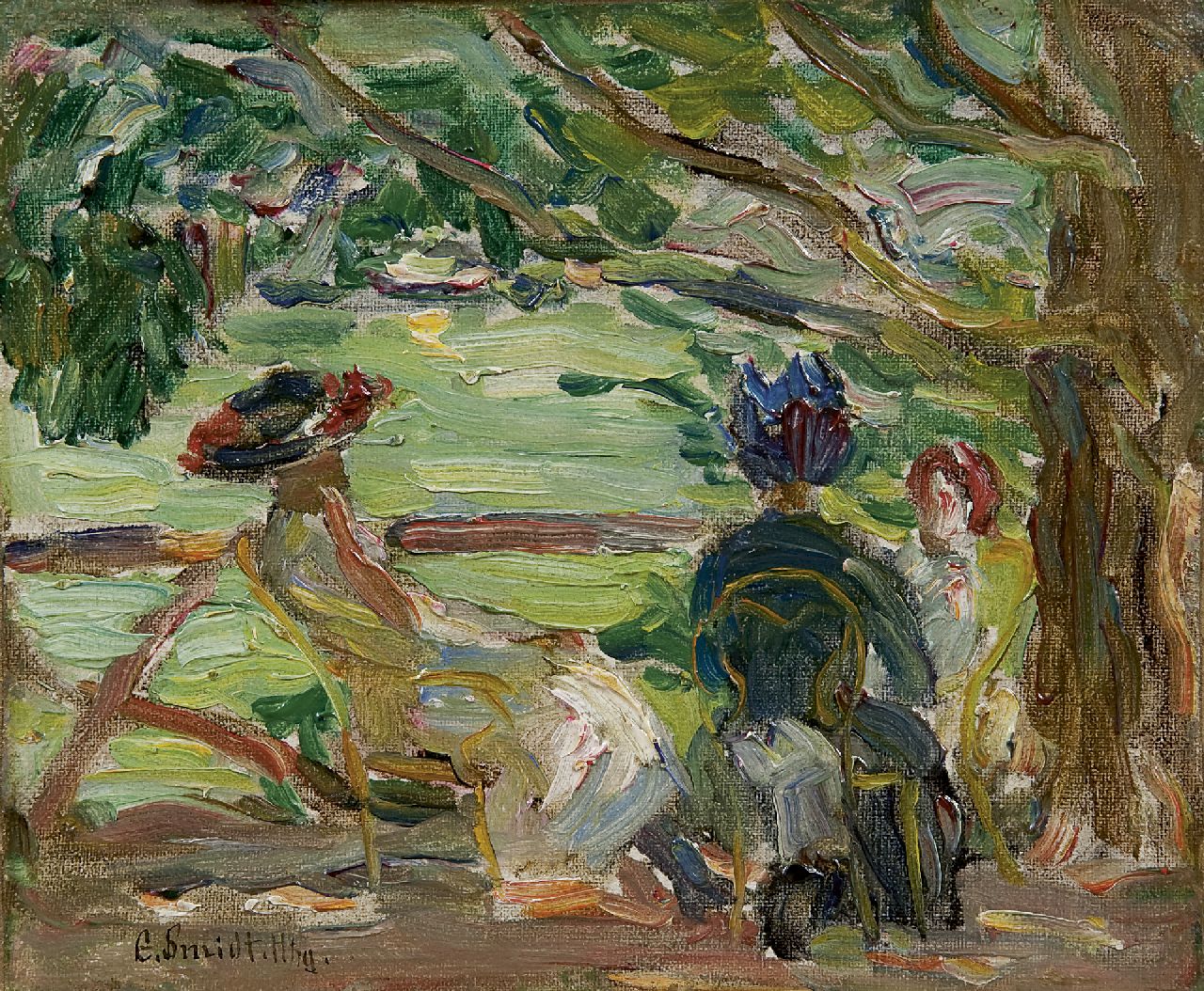 Smidt E.L.  | Emil Leonhard Smidt, Zomermiddag in de tuin, olieverf op doek op board 15,0 x 18,3 cm, gesigneerd linksonder