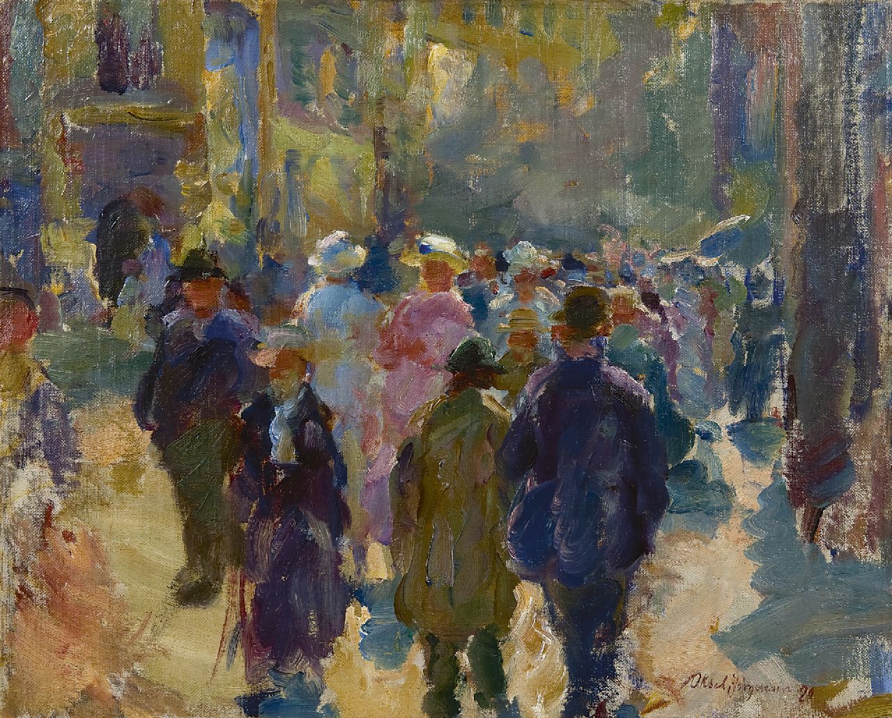 Aksel Jørgensen | Wandelaars in zonnige winkelstraat (Vimmelskaftet), Kopenhagen, olieverf op doek, 41,8 x 52,1 cm, gesigneerd r.o. en gedateerd '20