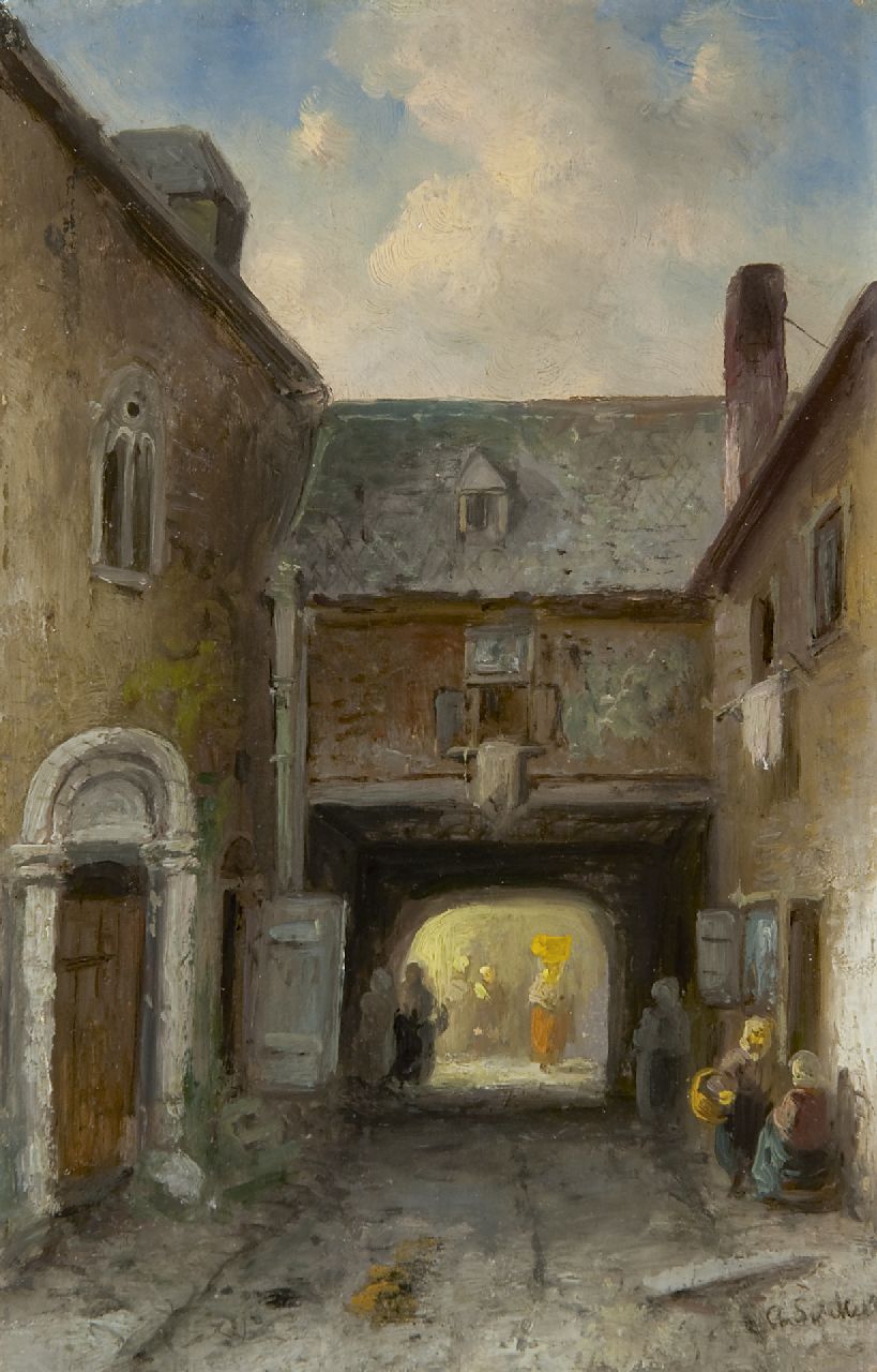 Leickert C.H.J.  | 'Charles' Henri Joseph Leickert | Schilderijen te koop aangeboden | Doorkijkje in een stad, olieverf op paneel 22,7 x 14,6 cm, gesigneerd rechtsonder en te dateren ca. 1890