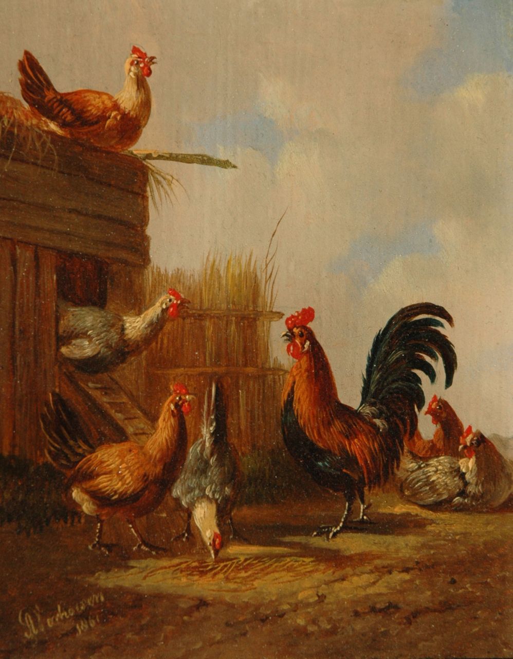 Verhoesen A.  | Albertus Verhoesen, Een haan met zijn kippen (paar), olieverf op paneel 12,8 x 10,5 cm, gesigneerd linksonder en gedateerd 1861
