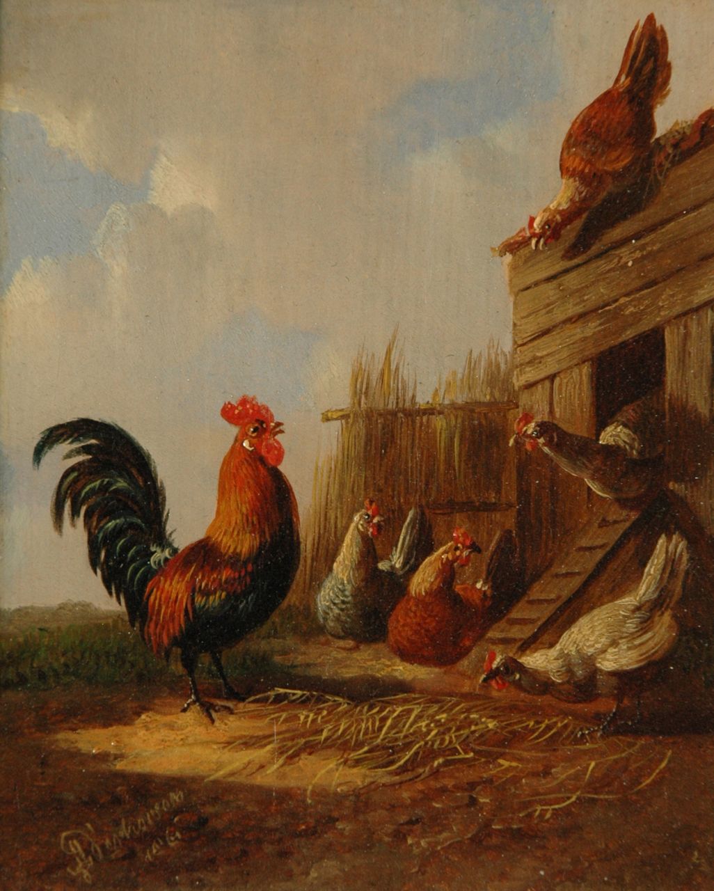 Verhoesen A.  | Albertus Verhoesen, De haan met zijn kippen (pendant), olieverf op paneel 12,7 x 10,5 cm, gesigneerd linksonder en gedateerd 1861