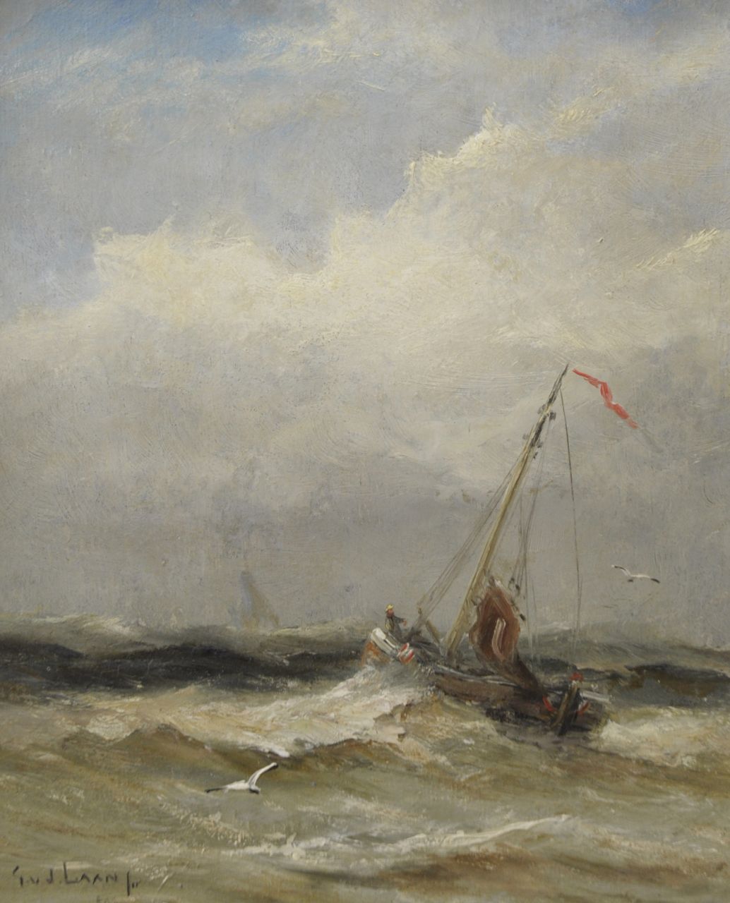 Laan G. van der | Gerard van der Laan, Schip in de branding, olieverf op schildersboard 19,5 x 16,0 cm, gesigneerd linksonder en verso