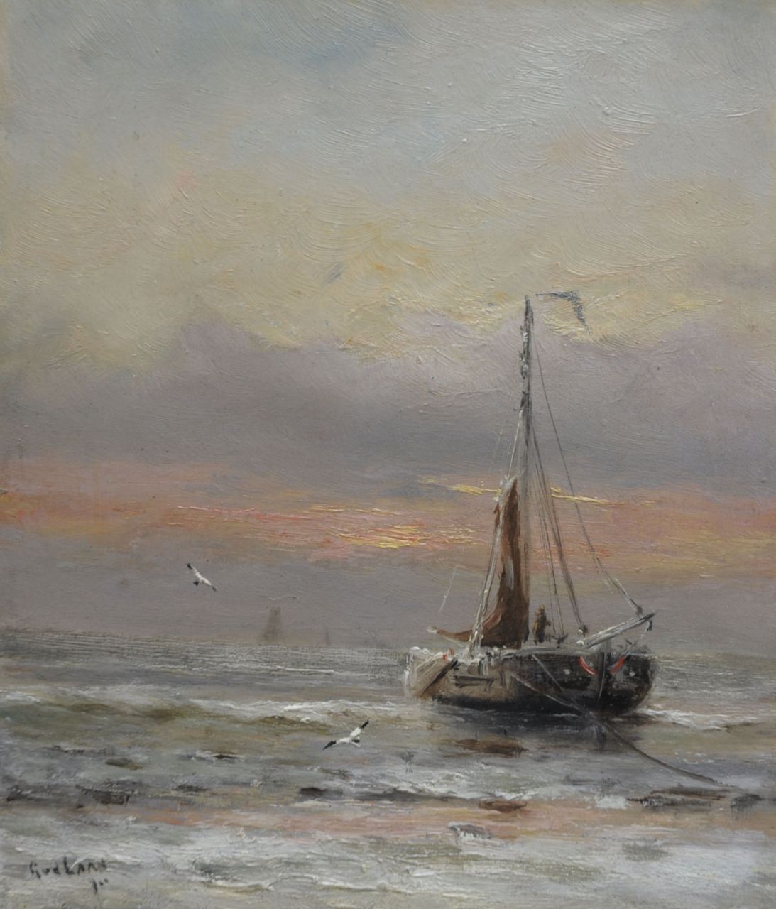 Laan G. van der | Gerard van der Laan, Winter aan het strand, olieverf op schildersboard 19,3 x 16,9 cm, gesigneerd linksonder