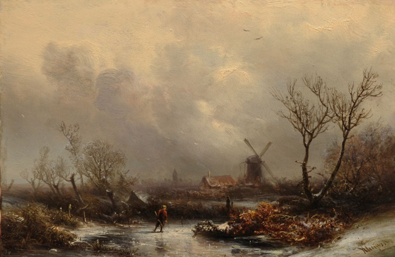 Kluyver P.L.F.  | 'Pieter' Lodewijk Francisco Kluyver, Schaatser in een winterlandschap, olieverf op paneel 20,2 x 30,4 cm, gesigneerd rechtsonder