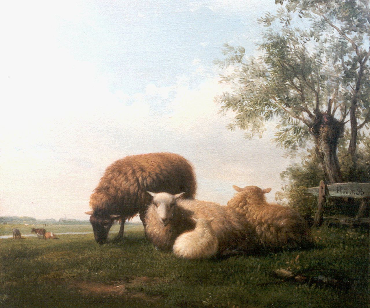 Sande Bakhuyzen H. van de | Hendrikus van de Sande Bakhuyzen, Schapen bij het hek, olieverf op paneel 17,5 x 20,5 cm, gesigneerd rechtsonderh.h. en gedateerd 1825