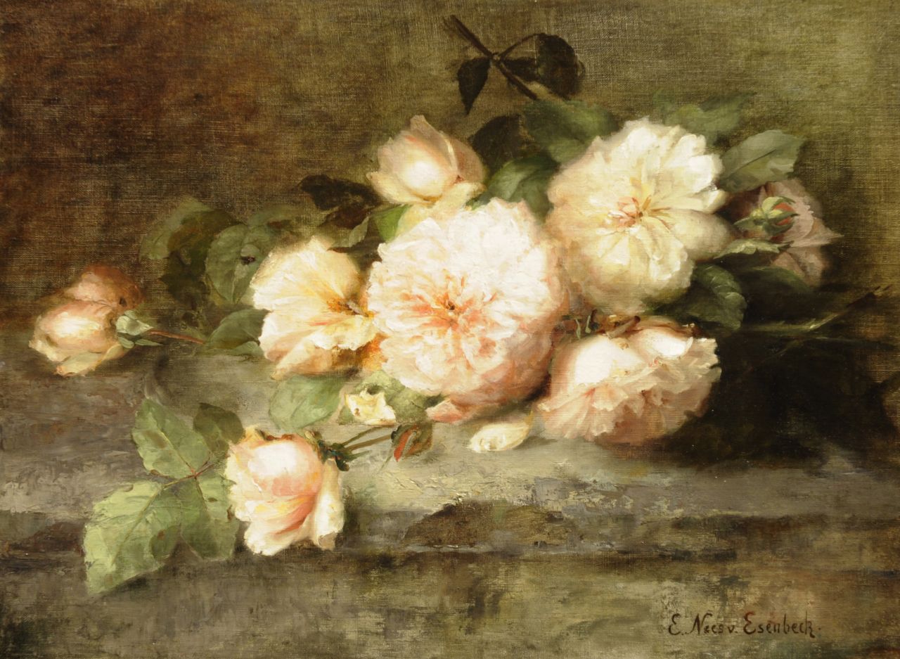 Nees von Esenbeck E.  | Elise Nees von Esenbeck, Bloemstilleven met roze rozen, olieverf op doek 43,2 x 58,9 cm, gesigneerd rechtsonder