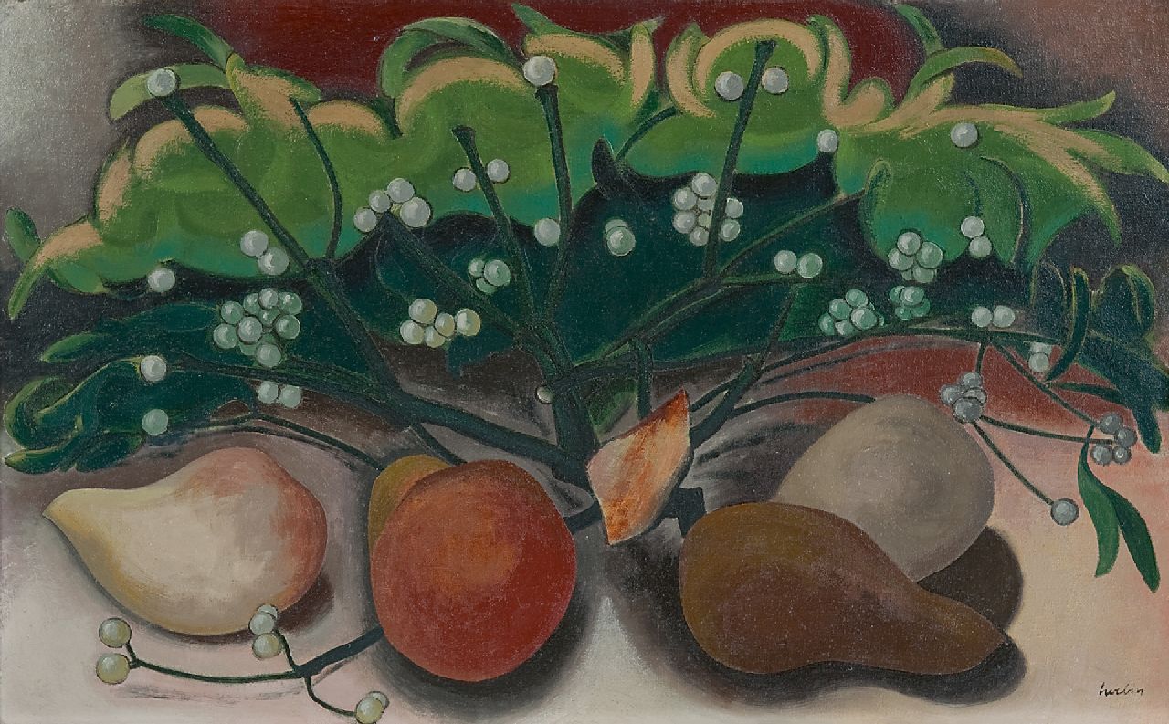 Auguste Herbin | Stilleven van peren en maretak, olieverf op doek, 38,7 x 61,2 cm, gesigneerd r.o. en te dateren ca. 1921
