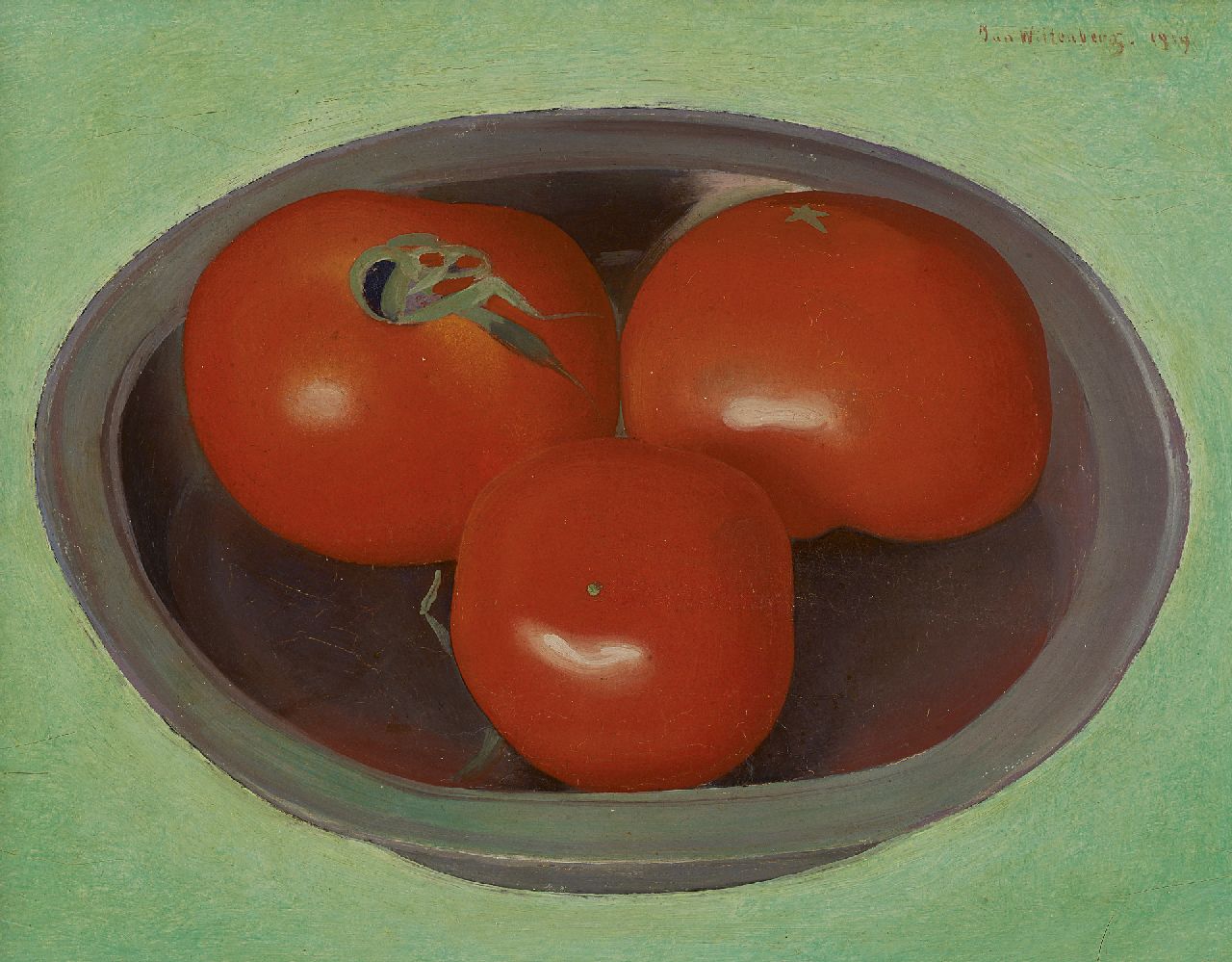 Wittenberg J.H.W.  | 'Jan' Hendrik Willem Wittenberg, Stilleven van drie tomaten op een bord, olieverf op doek op schildersboard 17,5 x 23,2 cm, gesigneerd rechtsboven en gedateerd 1919