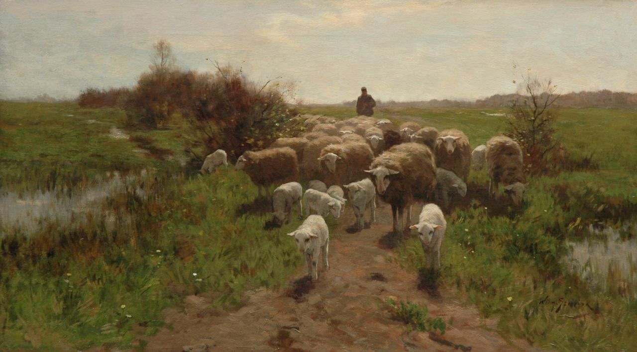 Steelink jr. W.  | Willem Steelink jr., Herder met schaapskudde op de hei, olieverf op doek 56,7 x 100,4 cm, gesigneerd rechtsonder