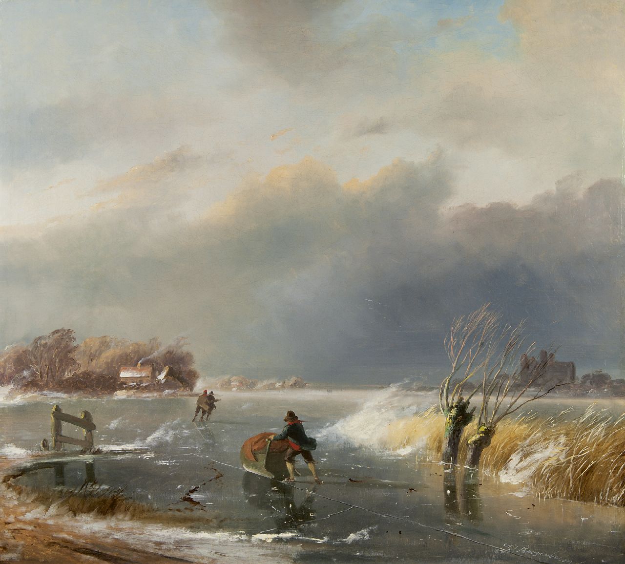 Roosenboom N.J.  | Nicolaas Johannes Roosenboom, Schaatsers bij opkomende storm, olieverf op doek 90,5 x 100,0 cm, gesigneerd rechtsonder