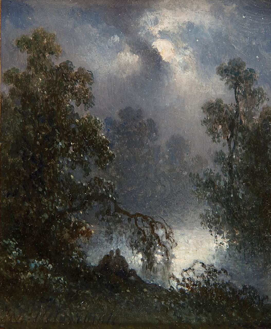 Hilverdink J.  | Johannes Hilverdink, Bosvijver met paar bij maanlicht, olieverf op paneel 10,8 x 9,1 cm, gesigneerd linksonder