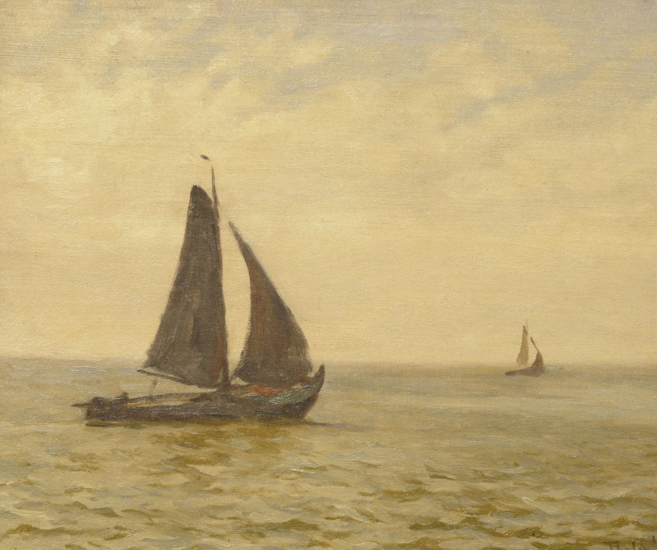 Tholen W.B.  | Willem Bastiaan Tholen, Vissersboten op zee, olieverf op doek op paneel 31,3 x 37,0 cm, gesigneerd rechtsonder en gedateerd '15