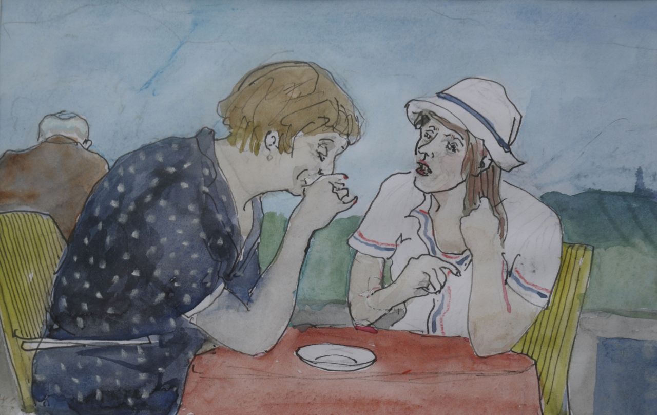 Kamerlingh Onnes H.H.  | 'Harm' Henrick Kamerlingh Onnes, Op het terras, inkt en aquarel op papier 13,7 x 21,7 cm, gesigneerd linksonder met monogram en gedateerd '80