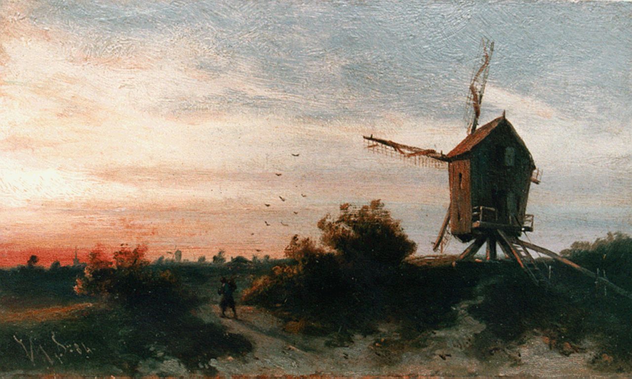 Smits J.G.  | Jan Gerard Smits, Zomers landschap met molen, olieverf op paneel 13,0 x 21,6 cm, gesigneerd linksonder initialen en gedateerd '84