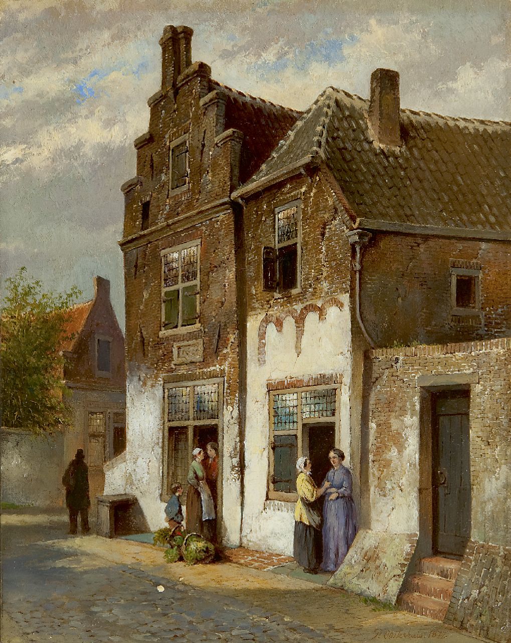 Pieter Oosterhuis | Figuren in Hollands straatje, olieverf op paneel, 25,0 x 19,8 cm, gesigneerd r.o. en gedateerd 1877