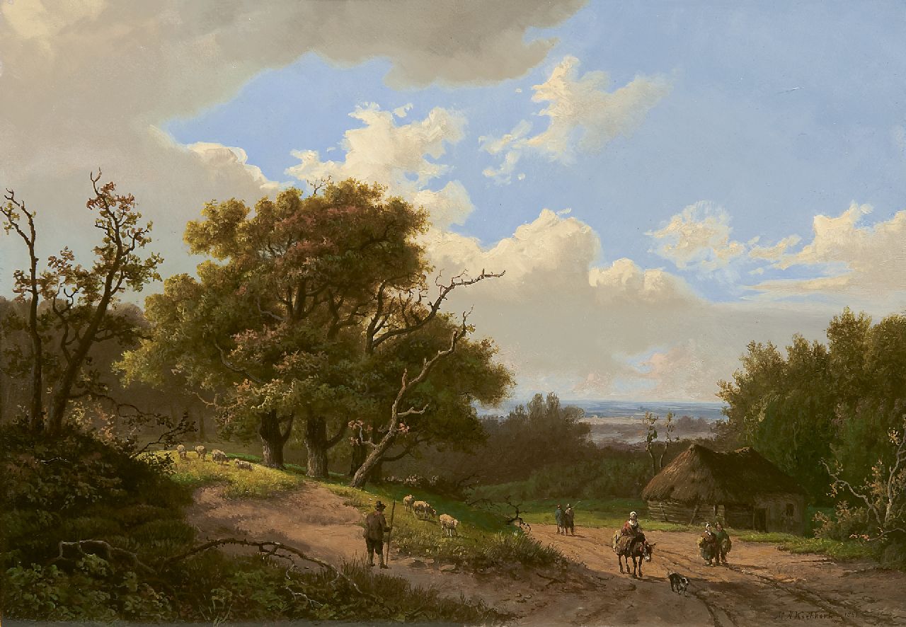 Koekkoek I M.A.  | Marinus Adrianus Koekkoek I | Schilderijen te koop aangeboden | Boslandschap met herder en landvolk, olieverf op paneel 24,5 x 34,9 cm, gesigneerd rechtsonder en gedateerd 1851