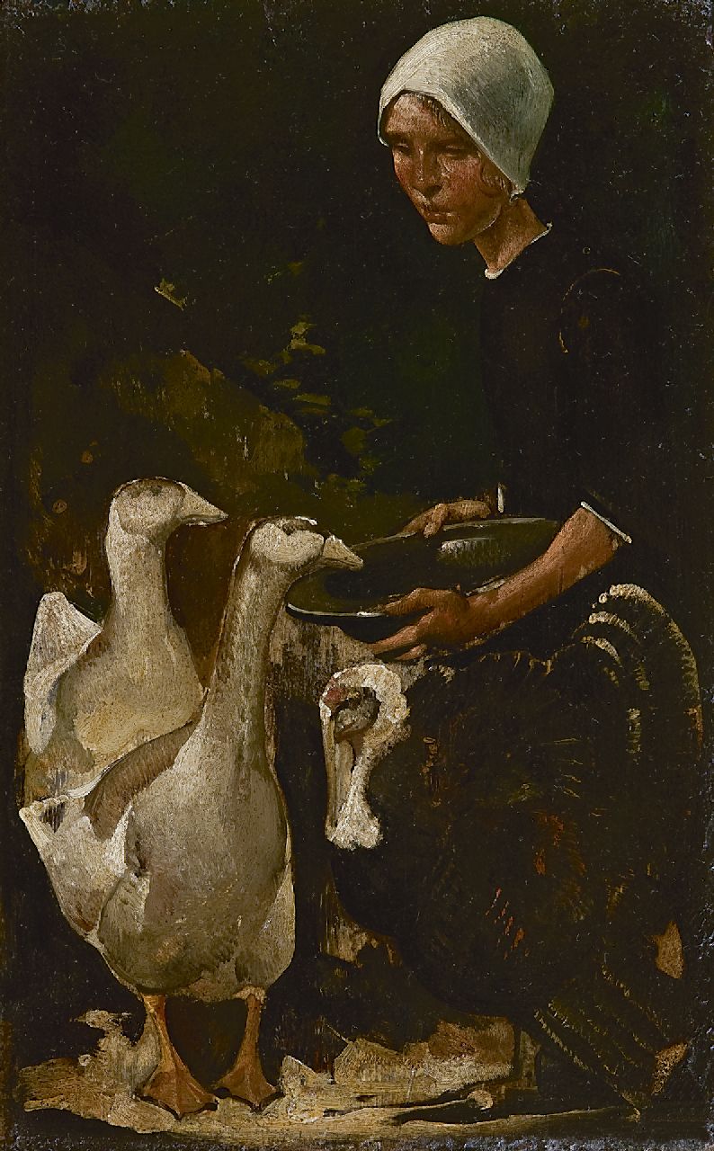 Berg W.H. van den | 'Willem' Hendrik van den Berg, De ganzenhoedster, olieverf op paneel 28,3 x 17,7 cm