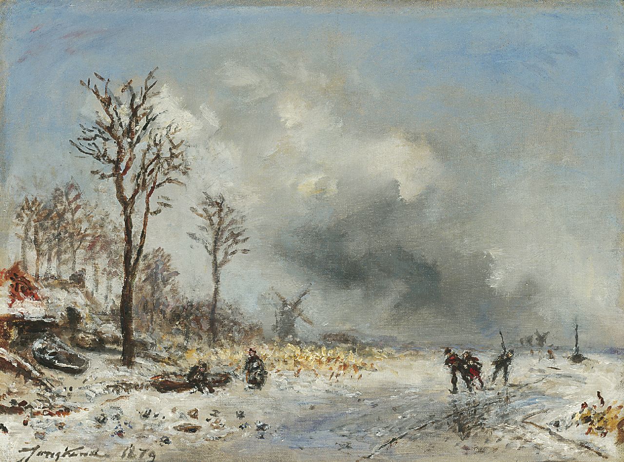Jongkind J.B.  | Johan Barthold Jongkind, Schaatsers in de omgeving van Rotterdam, olieverf op doek 24,7 x 33,0 cm, gesigneerd linksonder en gedateerd 1879