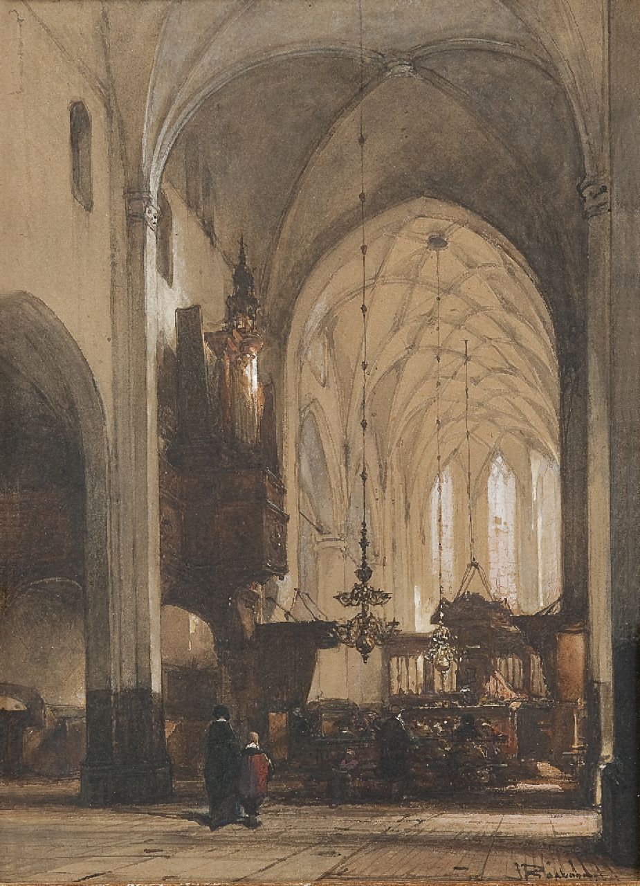 Bosboom J.  | Johannes Bosboom, Kerkdienst in de Grote Kerk te Hattem, aquarel op papier 49,5 x 36,0 cm, gesigneerd rechtsonder
