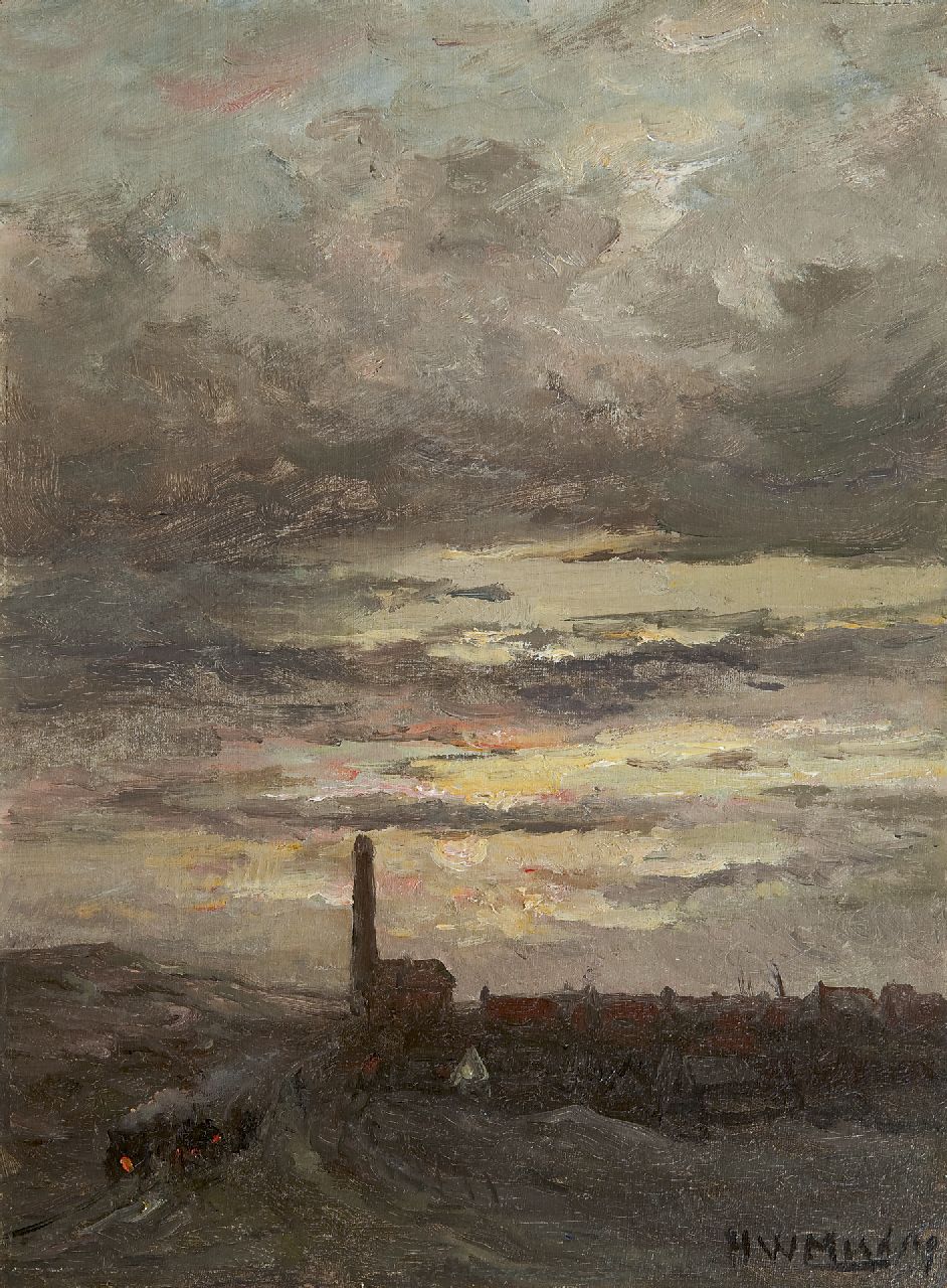 Mesdag H.W.  | Hendrik Willem Mesdag, Dorpje in de duinen bij zonsondergang, olieverf op paneel 34,5 x 25,6 cm, gesigneerd rechtsonder
