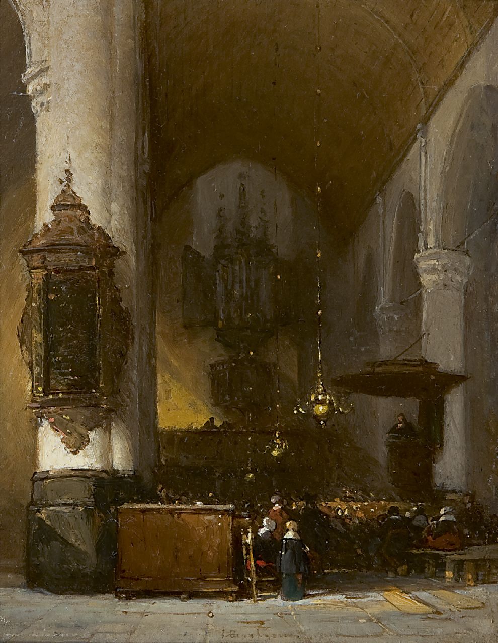Bosboom J.  | Johannes Bosboom, Kerkinterieur, olieverf op paneel 18,5 x 14,5 cm, gesigneerd middenonder