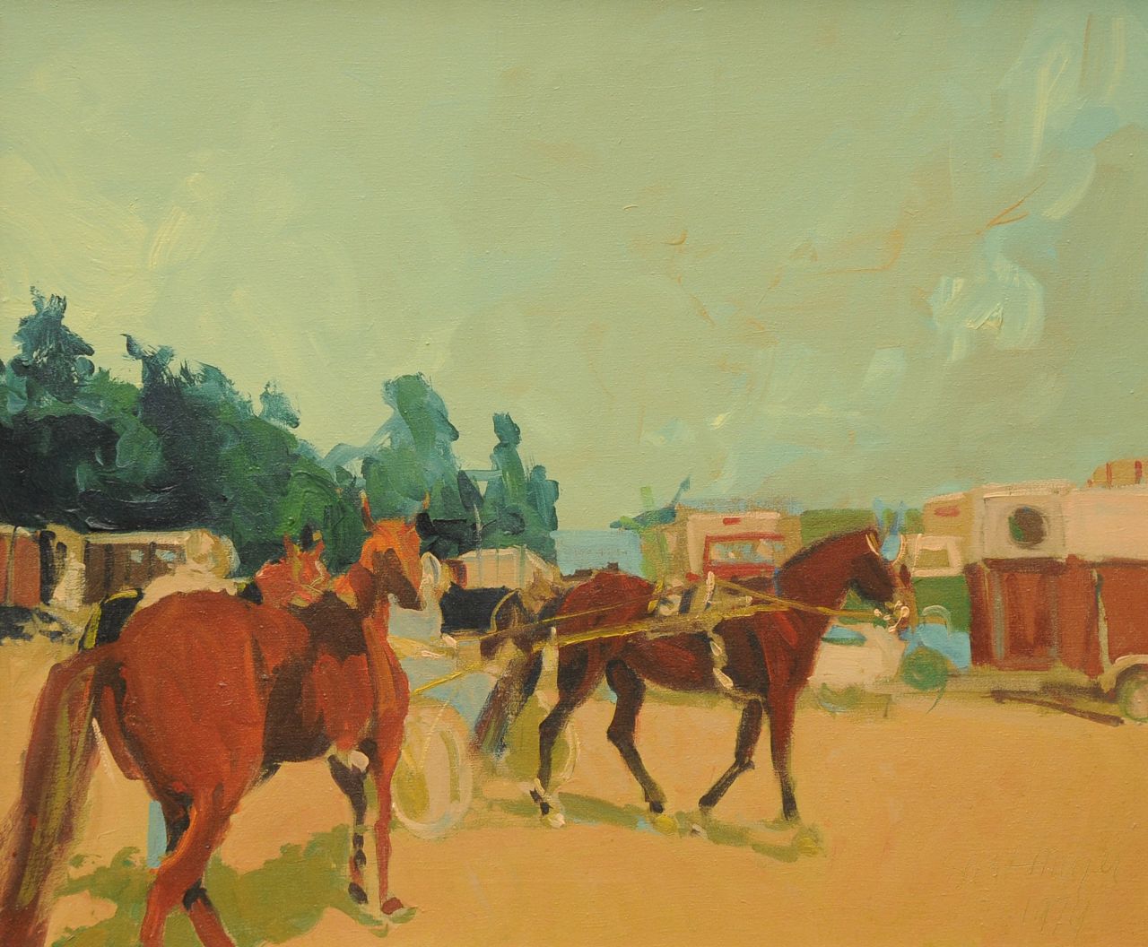 Meyer G.  | Geert Meyer, Bij de paardenrennen, olieverf op doek 50,4 x 60,4 cm, gesigneerd rechtsonder en gedateerd 1979