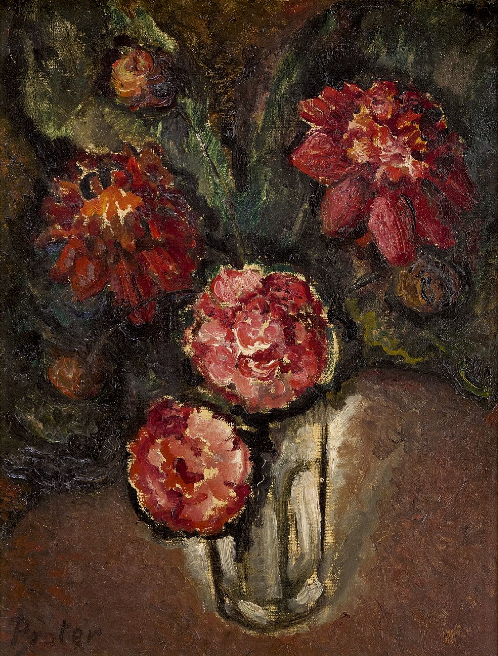 Praetere J. De | Jules De Praetere | Schilderijen te koop aangeboden | Rode bloemen, olieverf op doek 45,7 x 34,7 cm, gesigneerd linksonder