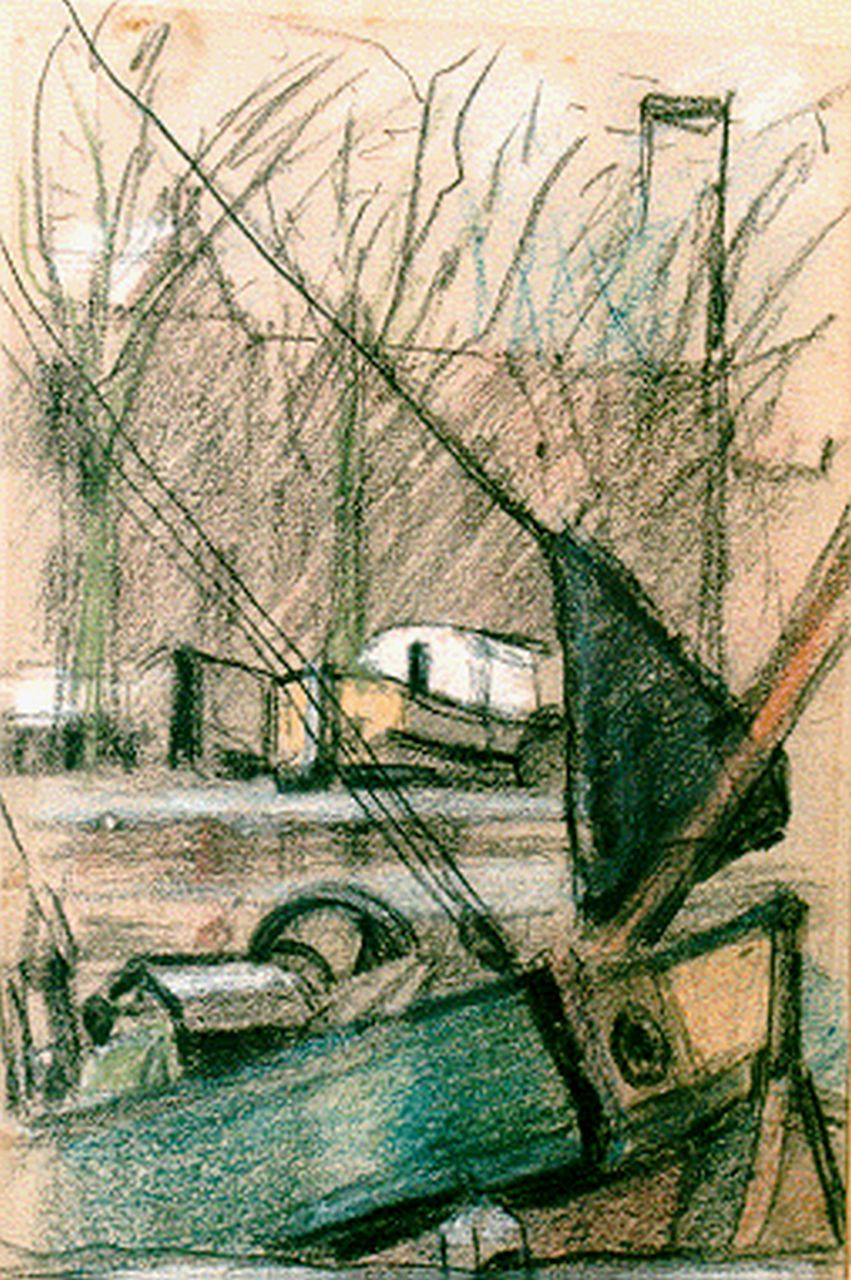 Kruyder H.J.  | 'Herman' Justus Kruyder, Afgemeerde boten op het Spaarne, gemengde techniek op papier 20,5 x 13,5 cm, gesigneerd middenonder