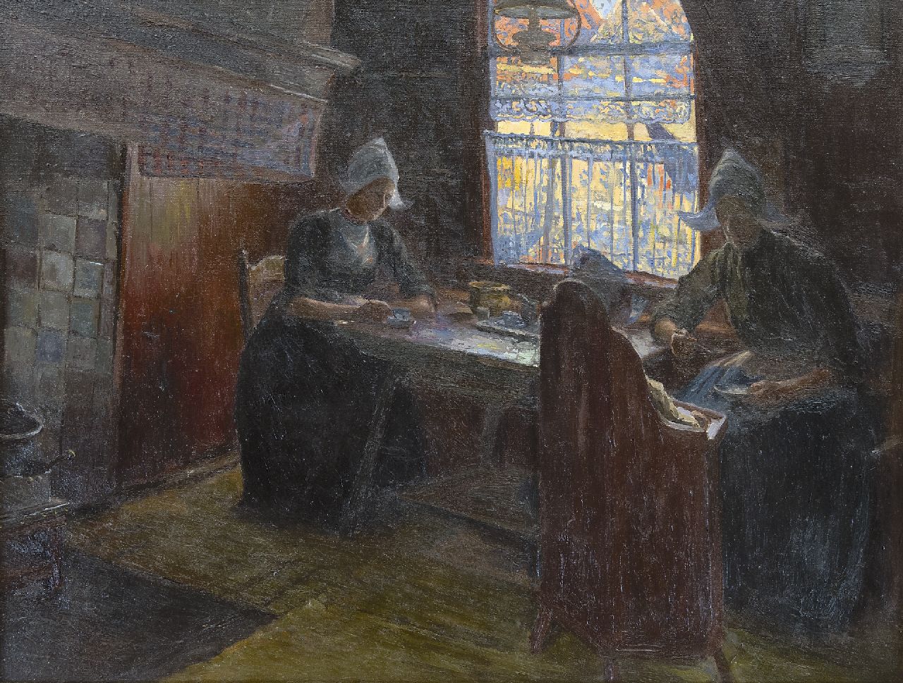 Benoit-Levy J.  | Jules Benoit-Levy, Volendamse vrouwen poserend in Hotel Spaander, olieverf op doek 53,2 x 69,9 cm, gesigneerd rechtsonder