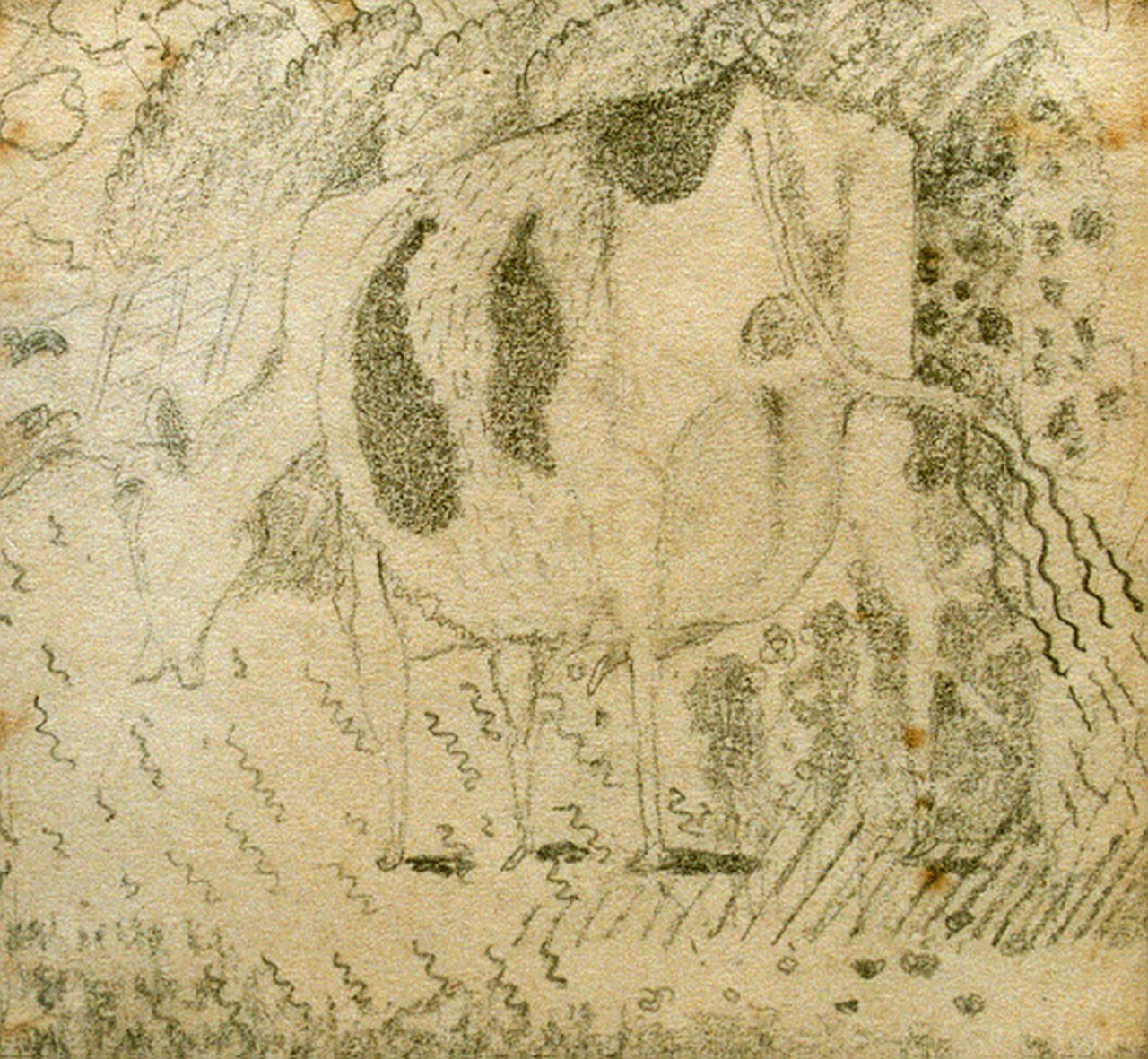 Kruyder H.J.  | 'Herman' Justus Kruyder, Grazende koe, potlood op papier 11,3 x 11,0 cm, gesigneerd rechtsonder en gedateerd 1927