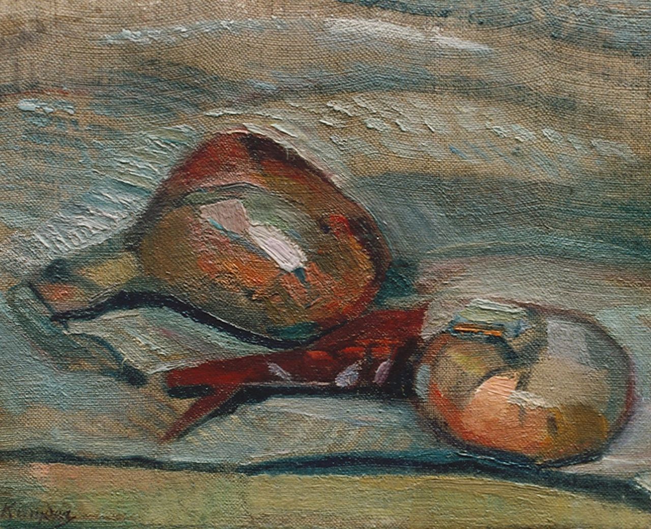 Kruyder H.J.  | 'Herman' Justus Kruyder, Stilleven met uien, olieverf op doek op paneel 21,0 x 26,0 cm, gesigneerd linksonder