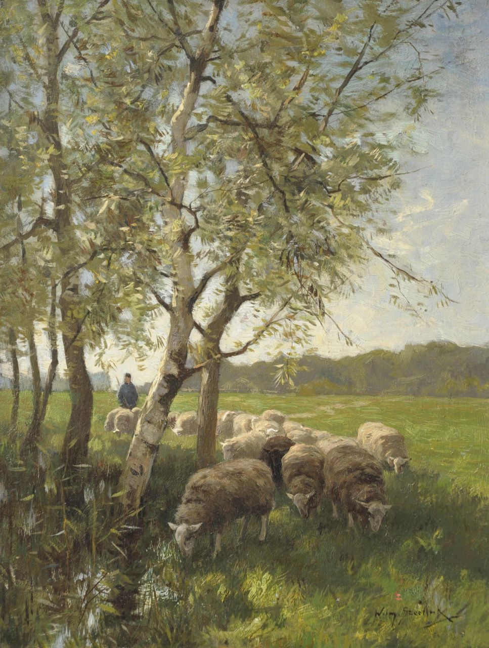 Steelink jr. W.  | Willem Steelink jr., Herder met zijn kudde, olieverf op doek 41,3 x 31,6 cm, gesigneerd rechtsonder