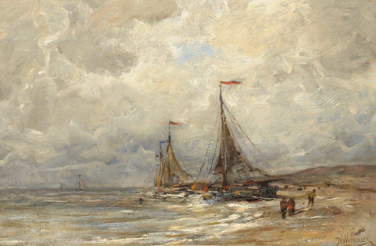 Wijsmuller J.H.  | Jan Hillebrand Wijsmuller, Bomschuiten op het strand bij Egmond aan Zee, olieverf op doek 32,1 x 48,2 cm, gesigneerd rechtsonder