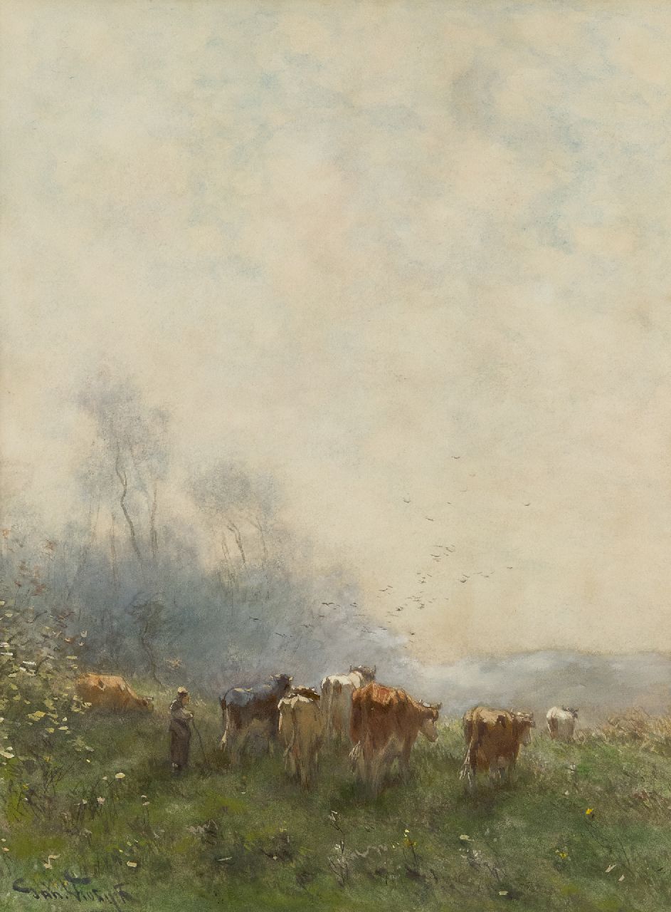 Vrolijk J.M.  | Johannes Martinus 'Jan' Vrolijk, Herderin met haar kudde in de ochtendnevel, aquarel op papier 53,5 x 39,4 cm, gesigneerd linksonder