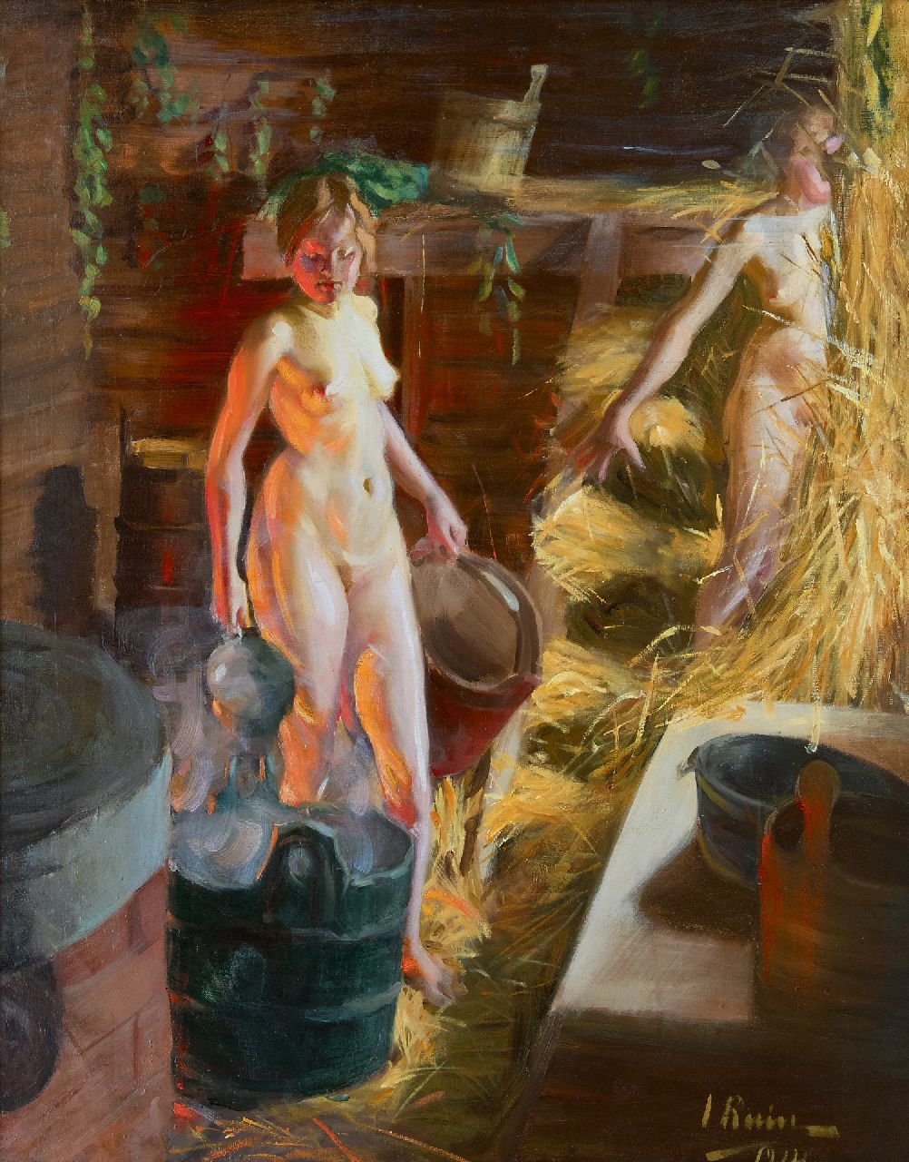 Ruin I.L.  | Ingrid Linnea Ruin | Schilderijen te koop aangeboden | Twee meisjes in de sauna, olieverf op doek 92,3 x 76,3 cm, gesigneerd rechtsonder en gedateerd 1914