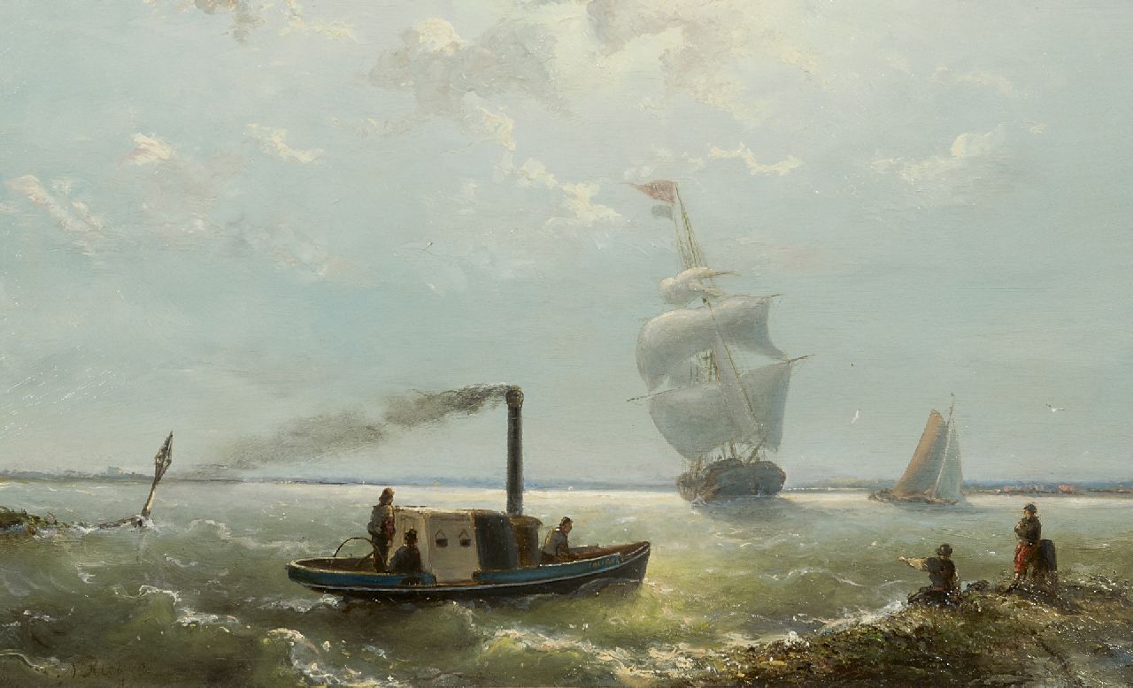 Riegen N.  | Nicolaas Riegen, Stoomschip voor de kust, olieverf op paneel 24,9 x 40,0 cm, gesigneerd linksonder
