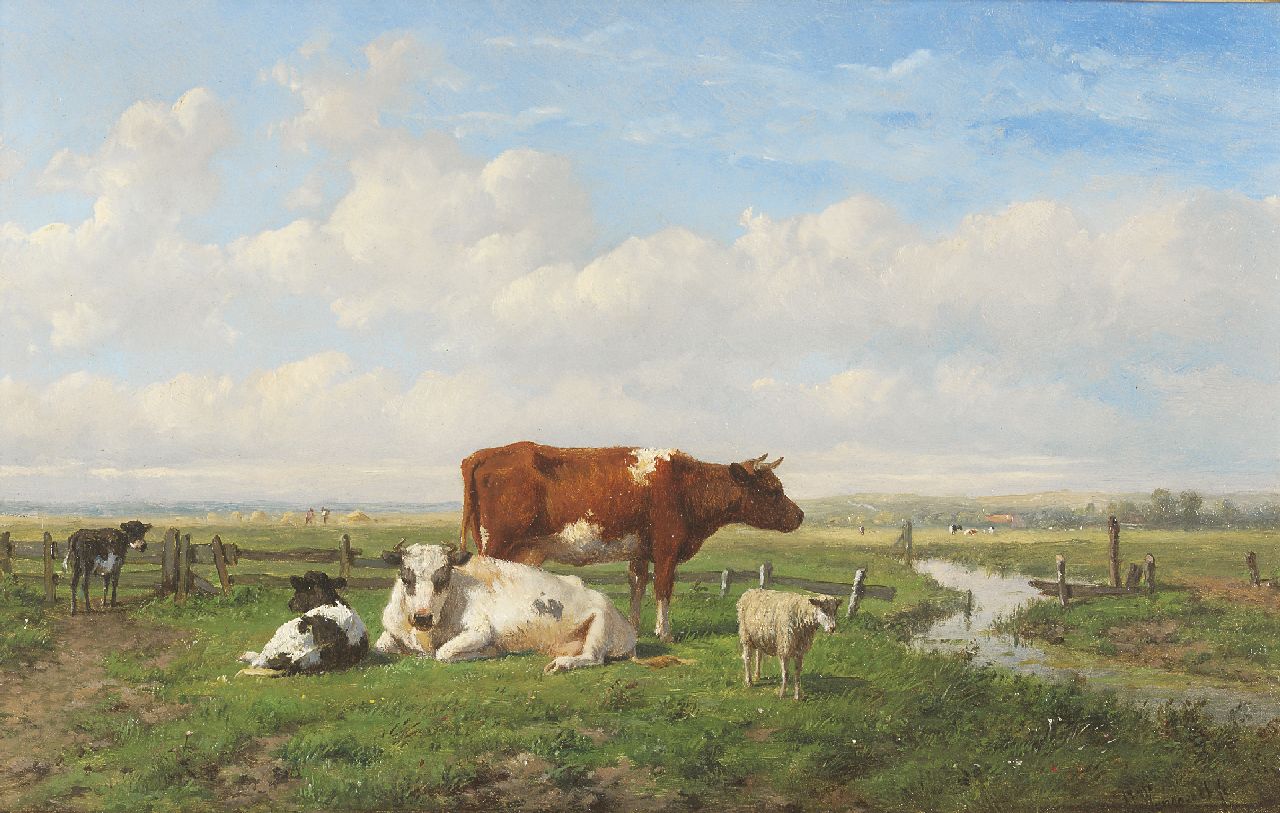 Wijngaerdt A.J. van | Anthonie Jacobus van Wijngaerdt, Hollands weidelandschap met vee, olieverf op paneel 22,6 x 36,0 cm, gesigneerd rechtsonder