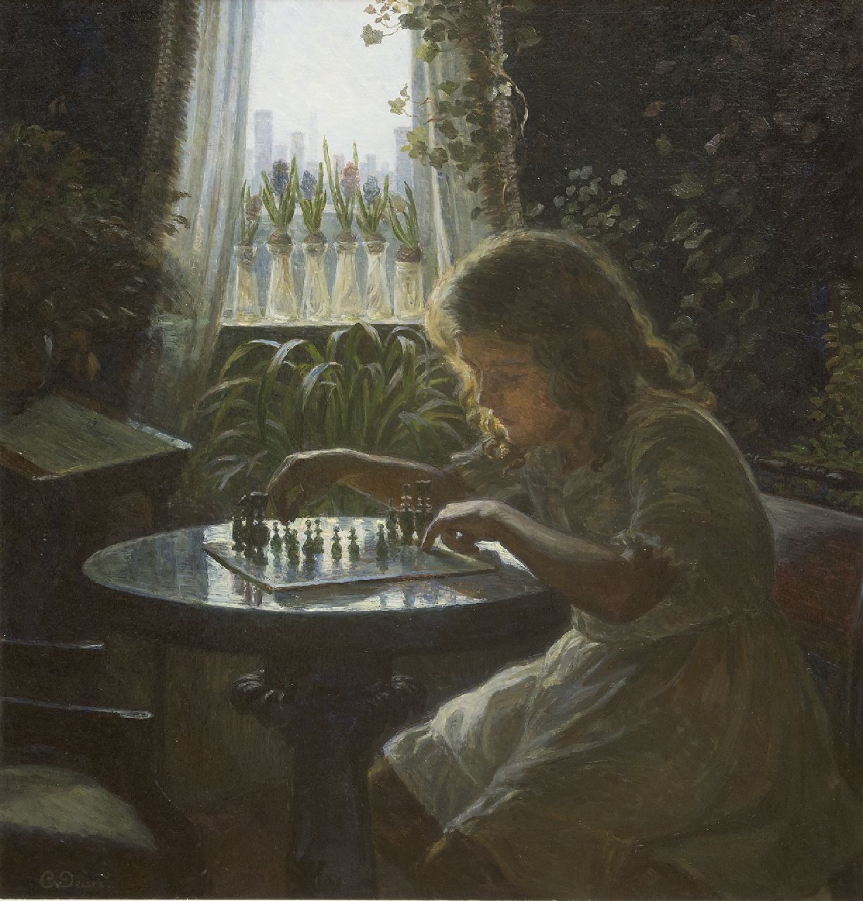 Caroline van Deurs | De jonge schaakster, olieverf op doek, 63,5 x 59,5 cm, gesigneerd l.o.