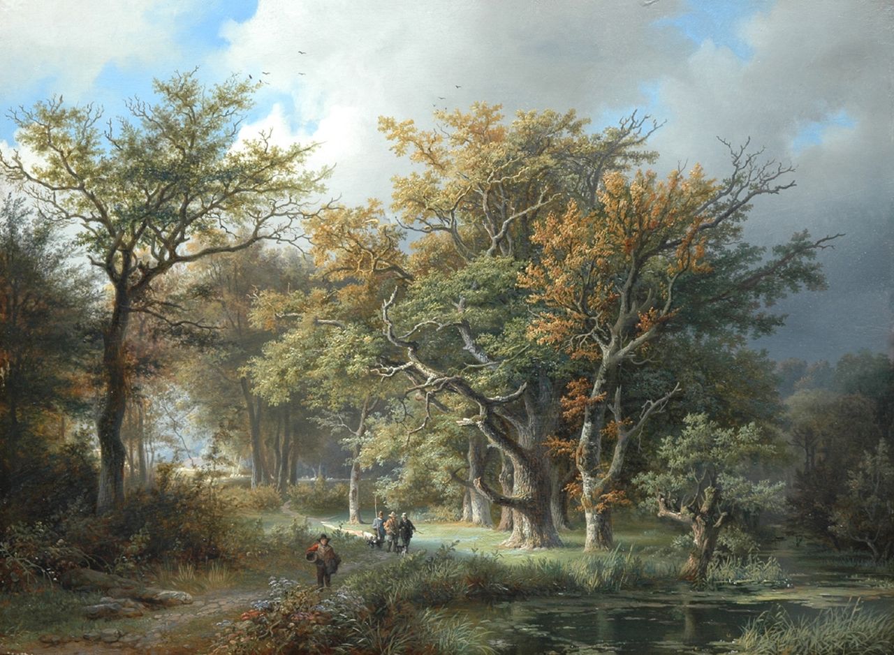 Haanen R.A.  | Remigius Adrianus Haanen, Boslandschap met landvolk en jagers, olieverf op paneel 42,2 x 57,1 cm