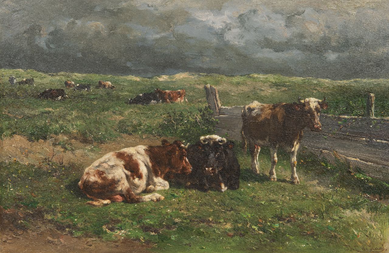 Haas J.H.L. de | Johannes Hubertus Leonardus de Haas | Schilderijen te koop aangeboden | Rustend vee in de wei, olieverf op paneel 31,3 x 47,1 cm, gesigneerd rechtsonder
