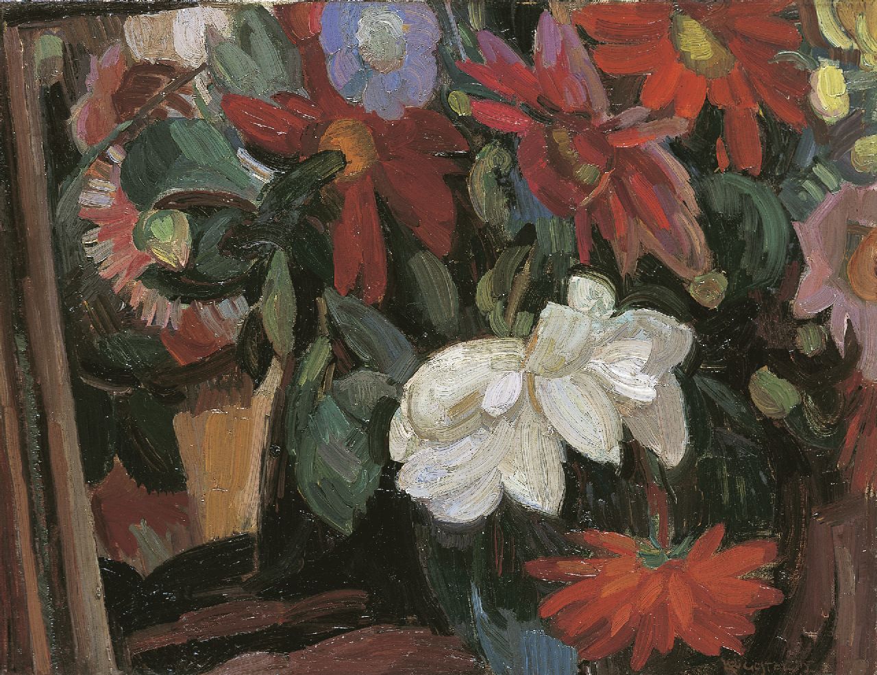 Gestel L.  | Leendert 'Leo' Gestel, Bloemstilleven, olieverf op doek 41,3 x 53,4 cm, gesigneerd rechtsonder en gedateerd '15