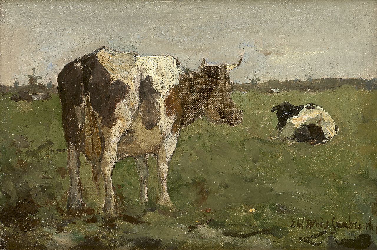 Weissenbruch H.J.  | Hendrik Johannes 'J.H.' Weissenbruch, Koeien in een polderwei, olieverf op doek op paneel 14,0 x 20,5 cm, gesigneerd rechtsonder